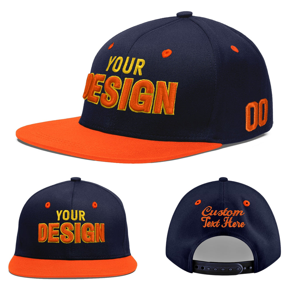 Custom Navy Navy Orange 3D Puff Embroidery Flat Embroidery Casual Sport Baseball Cap