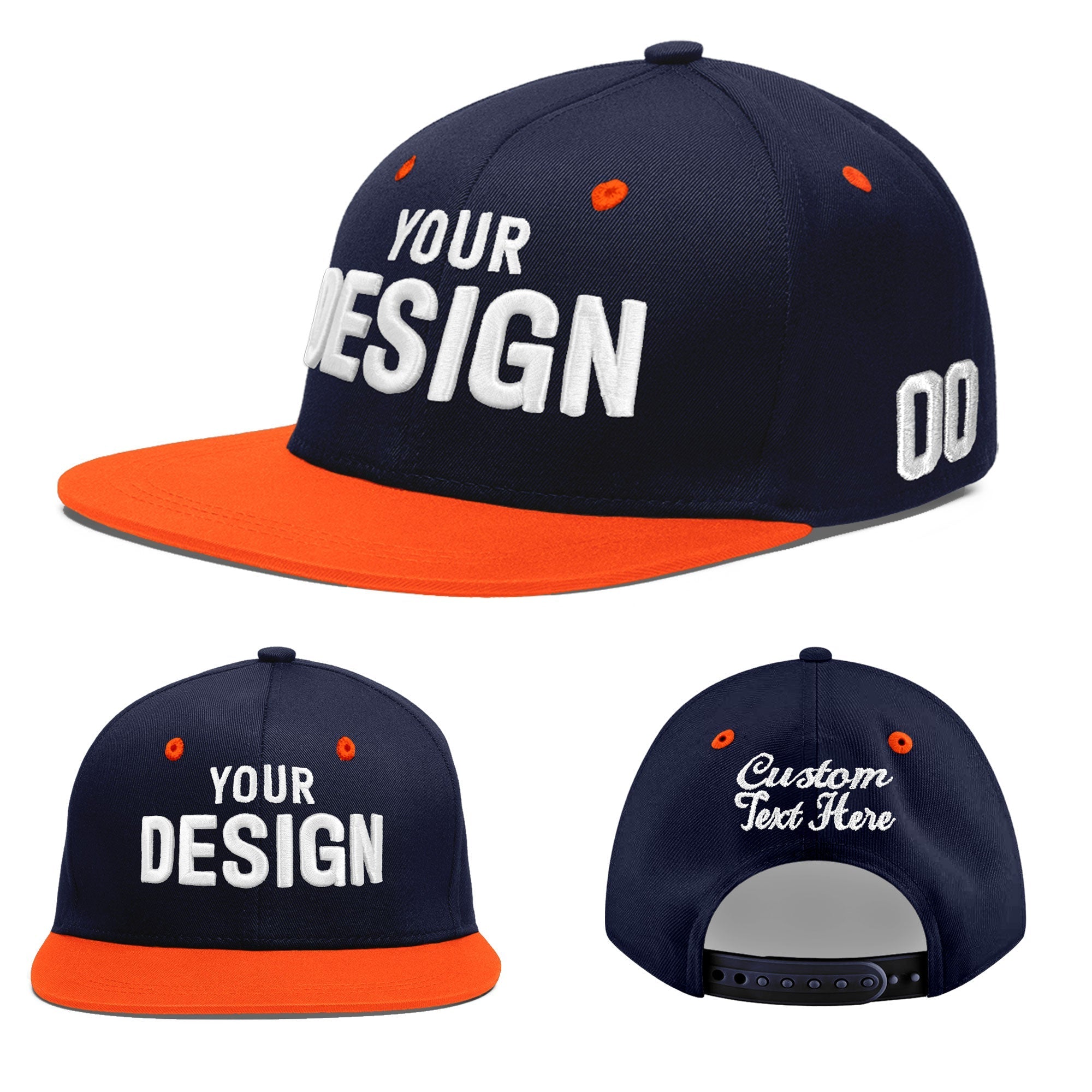 Custom Navy Navy Orange 3D Puff Embroidery Flat Embroidery Casual Sport Baseball Cap