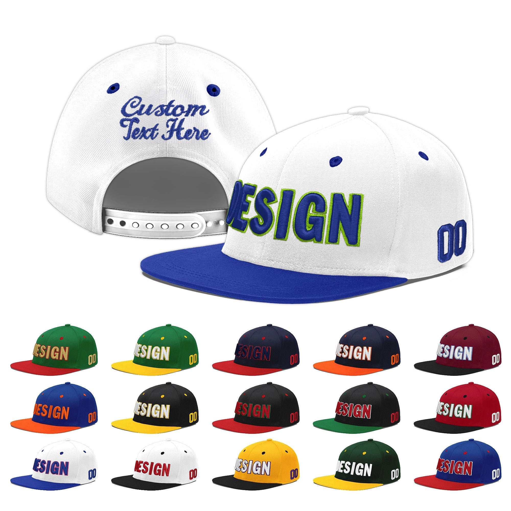 Custom White Royal Blue 3D Puff Embroidery Flat Embroidery Casual Sport Baseball Cap