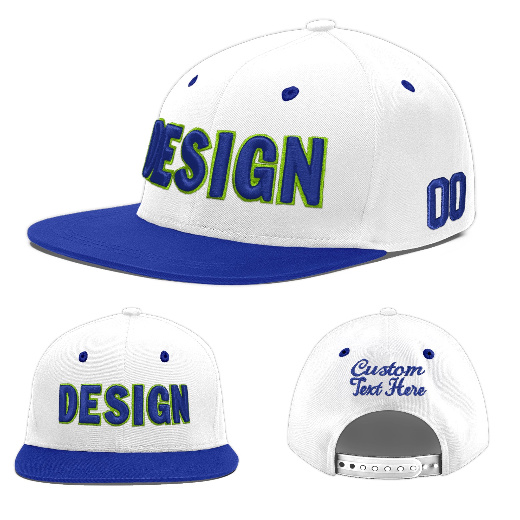 Custom White Royal Blue 3D Puff Embroidery Flat Embroidery Casual Sport Baseball Cap