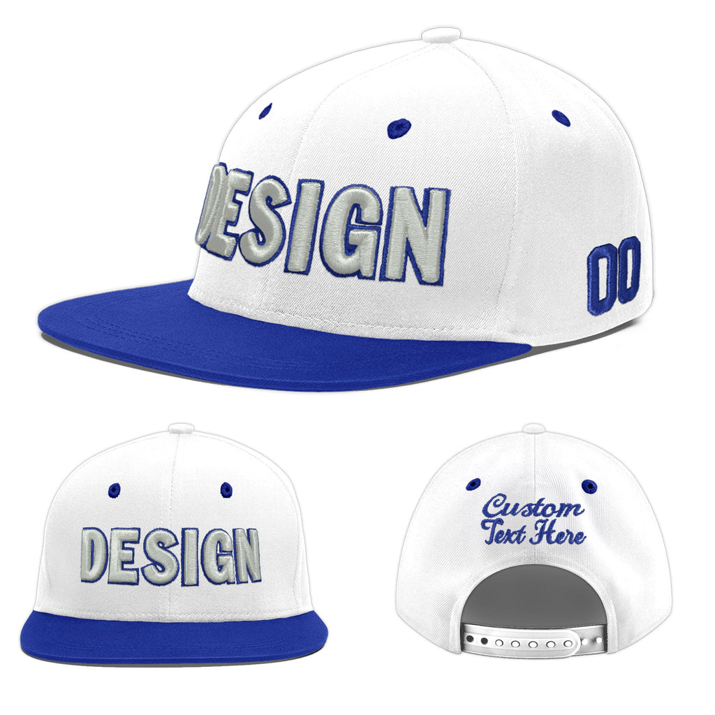 Custom White Royal Blue 3D Puff Embroidery Flat Embroidery Casual Sport Baseball Cap