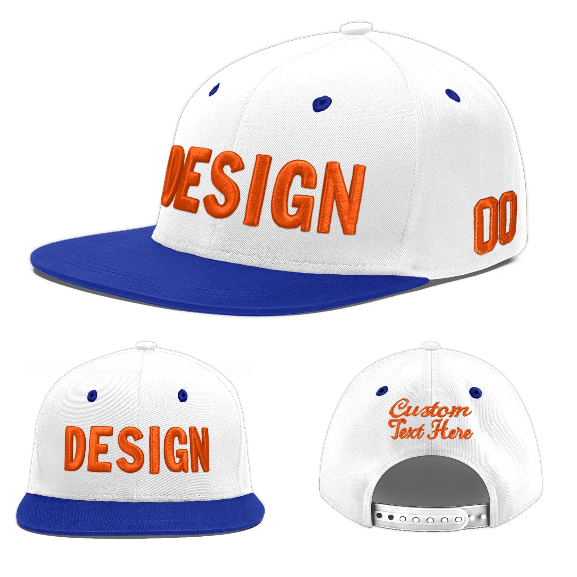 Custom White Royal Blue 3D Puff Embroidery Flat Embroidery Casual Sport Baseball Cap