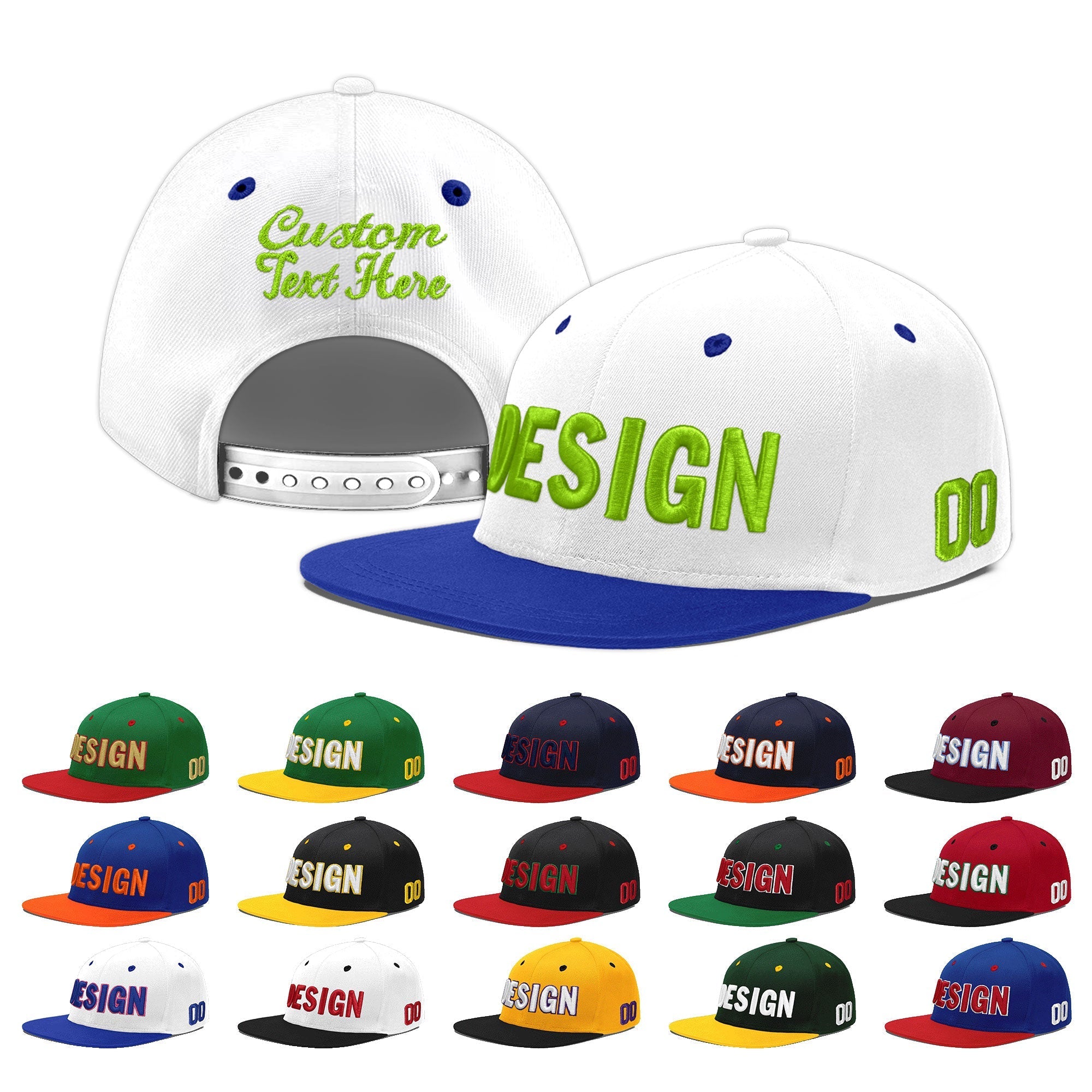 Custom White Royal Blue 3D Puff Embroidery Flat Embroidery Casual Sport Baseball Cap