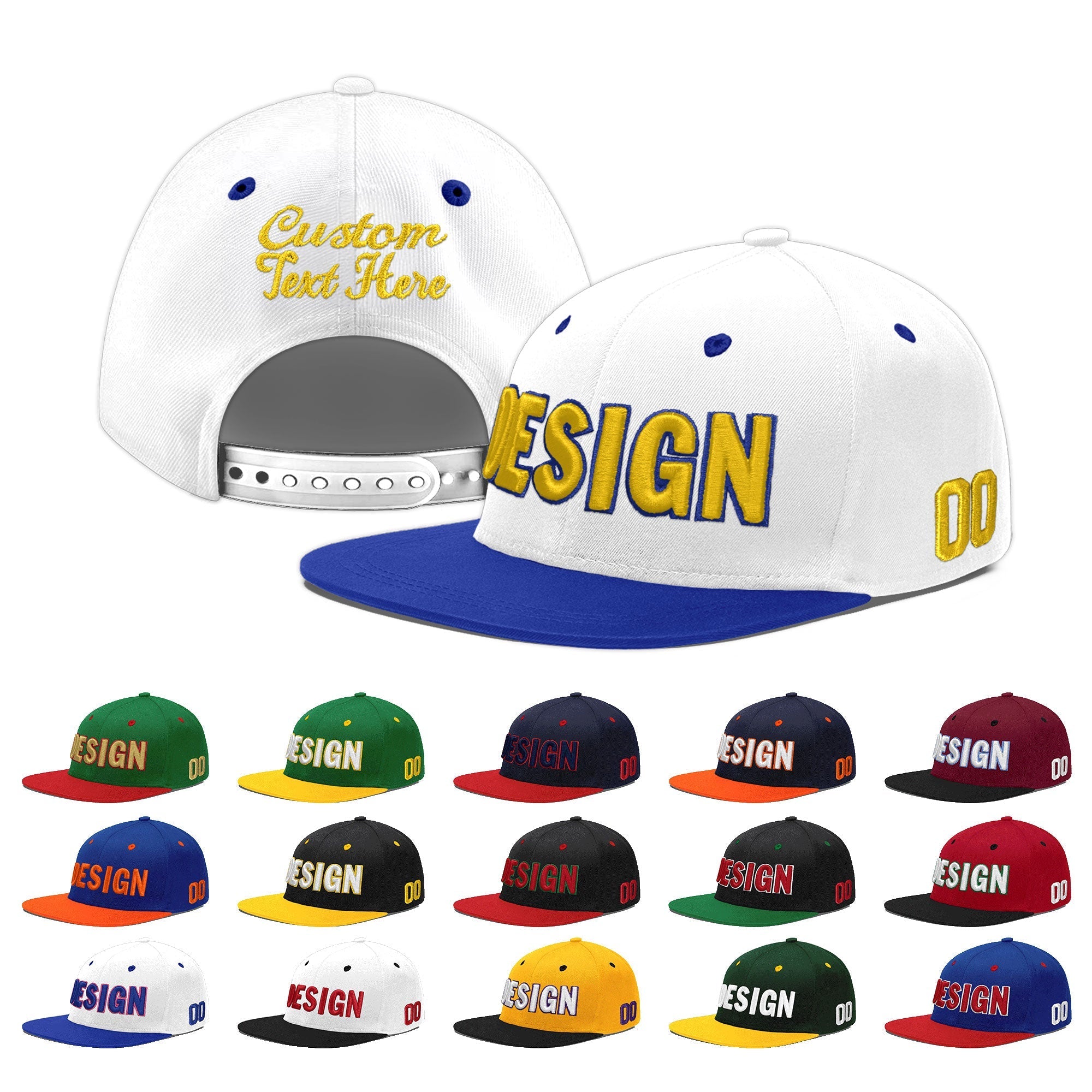 Custom White Royal Blue 3D Puff Embroidery Flat Embroidery Casual Sport Baseball Cap
