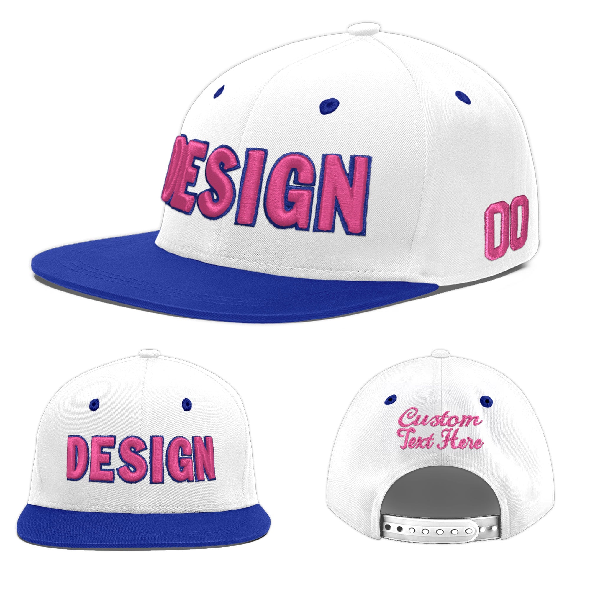 Custom White Royal Blue 3D Puff Embroidery Flat Embroidery Casual Sport Baseball Cap