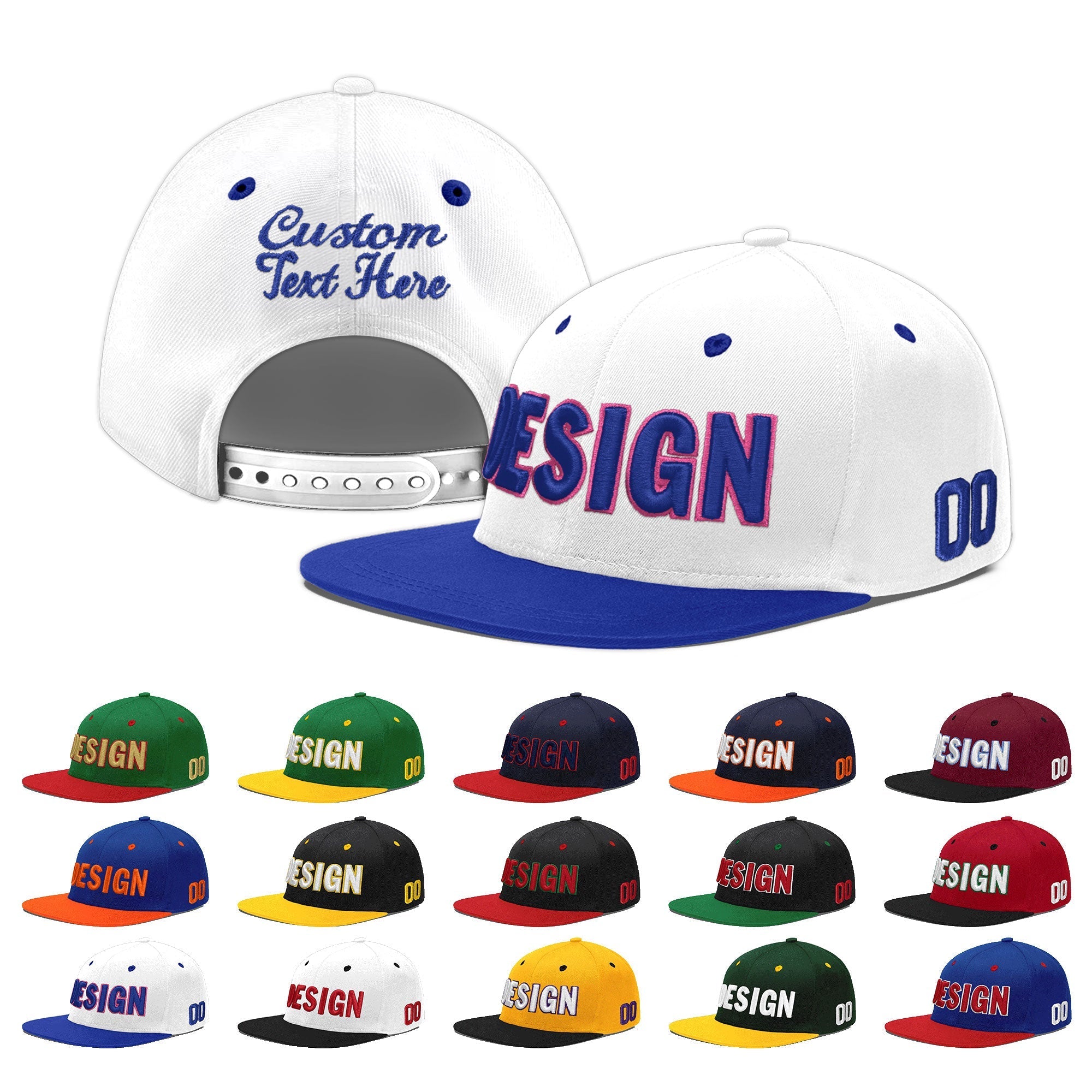 Custom White Royal Blue 3D Puff Embroidery Flat Embroidery Casual Sport Baseball Cap