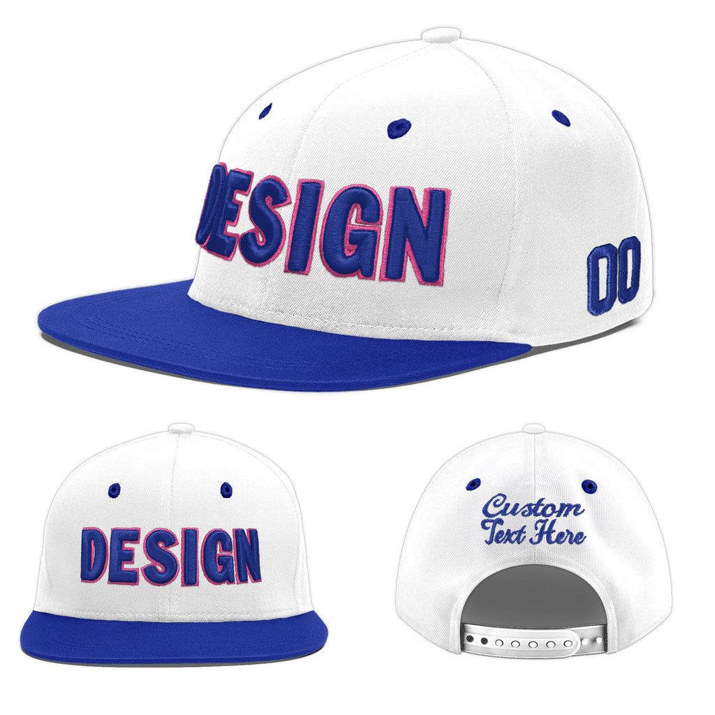 Custom White Royal Blue 3D Puff Embroidery Flat Embroidery Casual Sport Baseball Cap