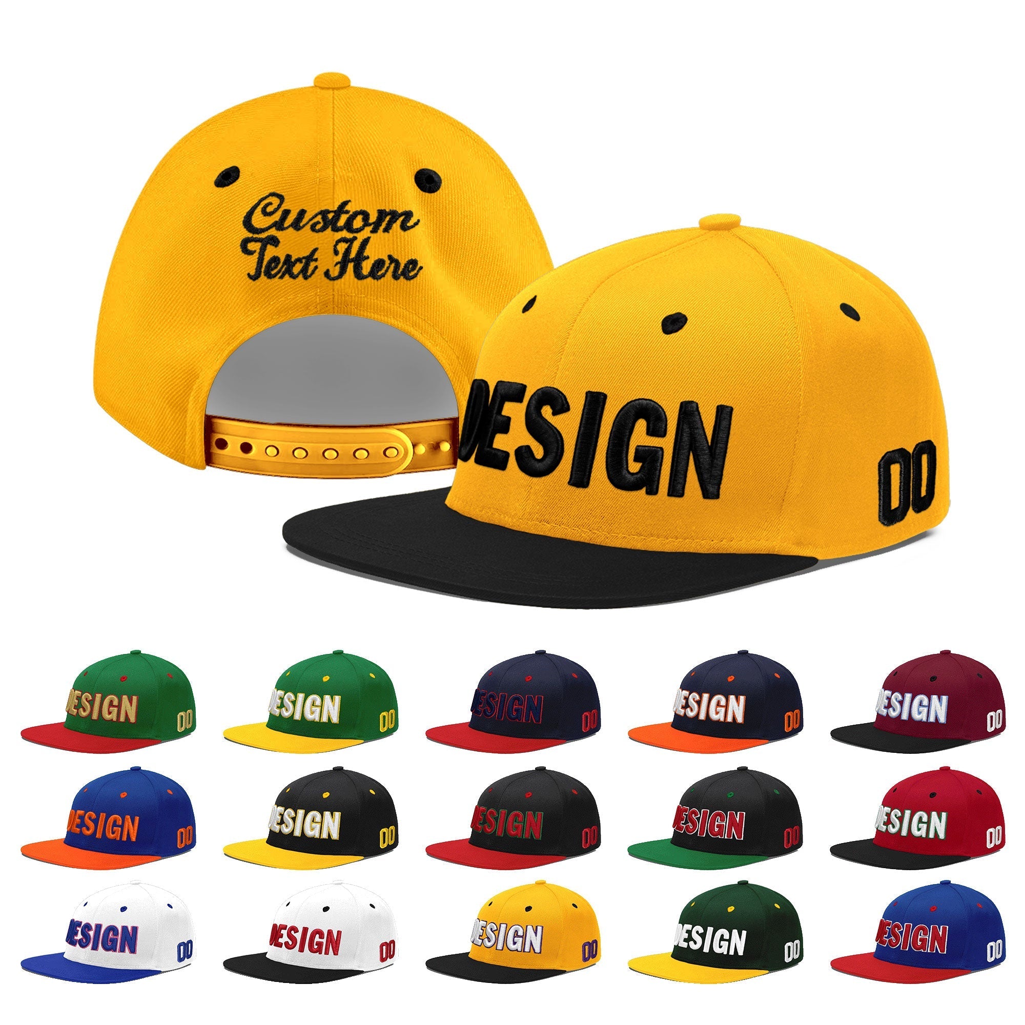Custom Gold Black 3D Puff Embroidery Flat Embroidery Casual Sport Baseball Cap