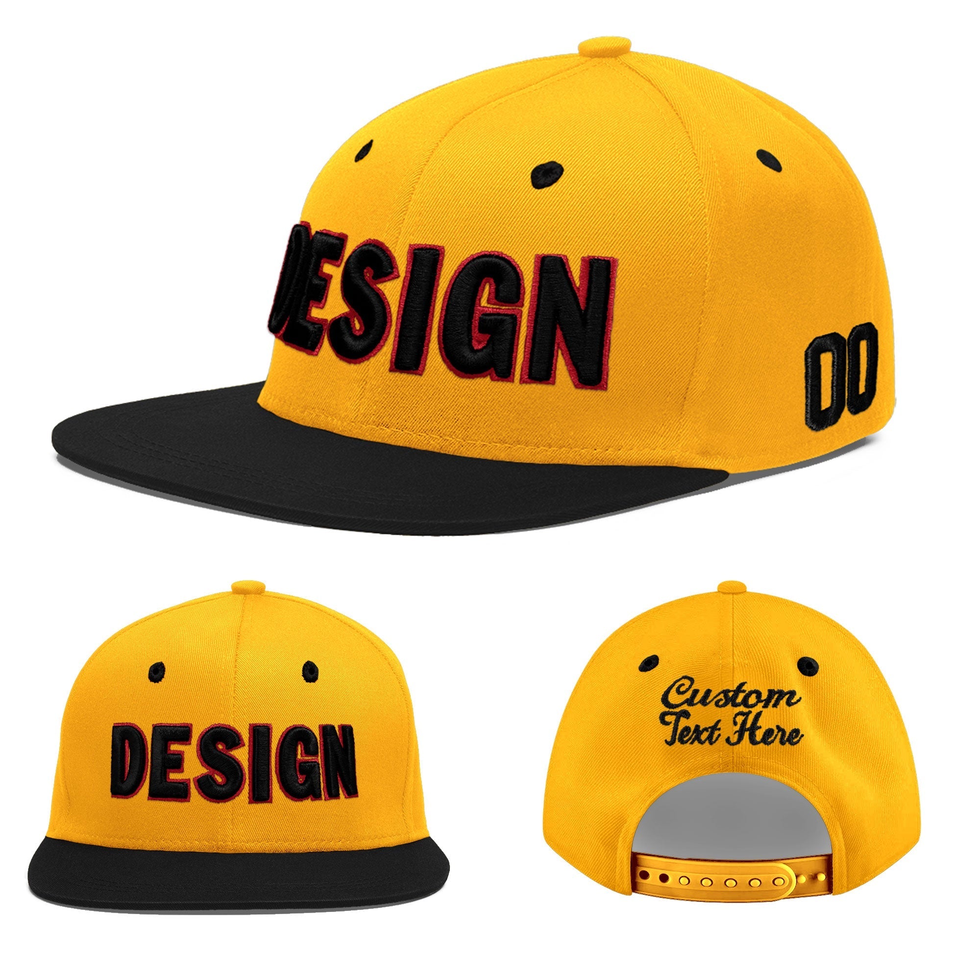 Custom Gold Black 3D Puff Embroidery Flat Embroidery Casual Sport Baseball Cap
