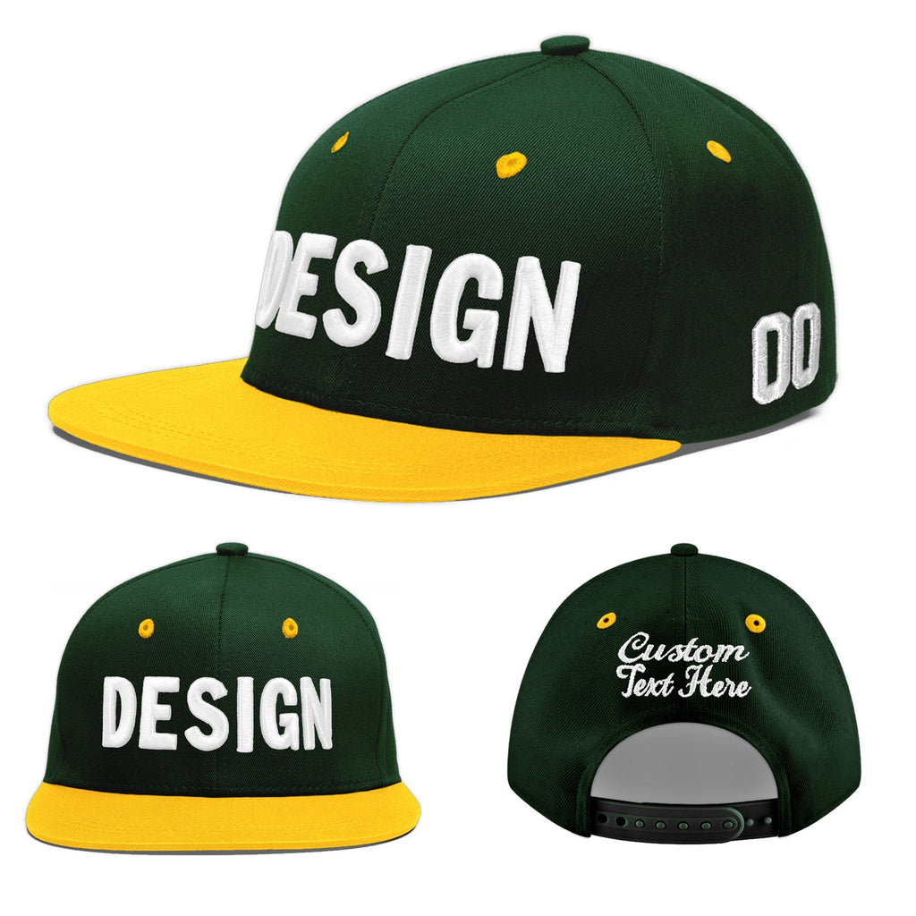 Custom Green Gold 3D Puff Embroidery Flat Embroidery Casual Sport Baseball Cap