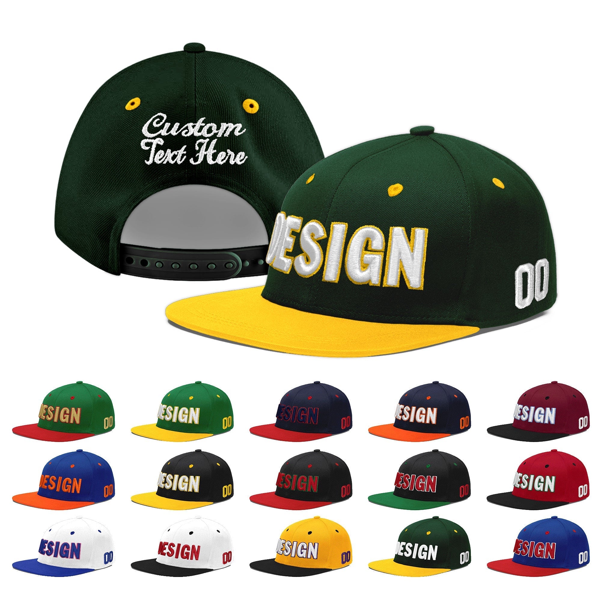 Custom Green Gold 3D Puff Embroidery Flat Embroidery Casual Sport Baseball Cap
