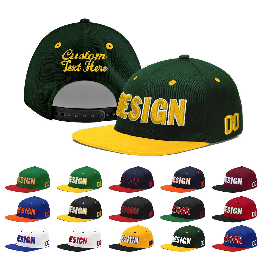 Custom Green Gold 3D Puff Embroidery Flat Embroidery Casual Sport Baseball Cap