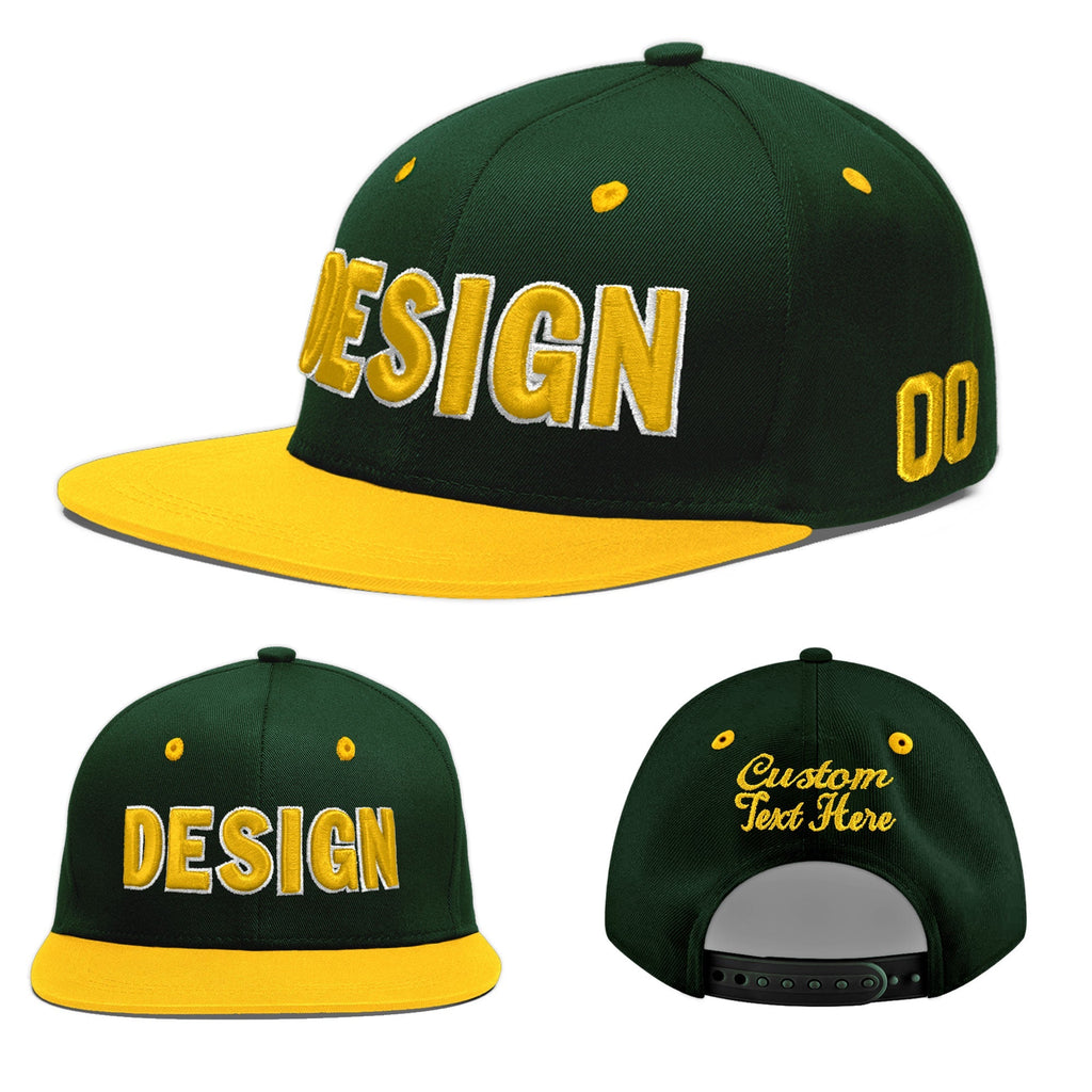 Custom Green Gold 3D Puff Embroidery Flat Embroidery Casual Sport Baseball Cap
