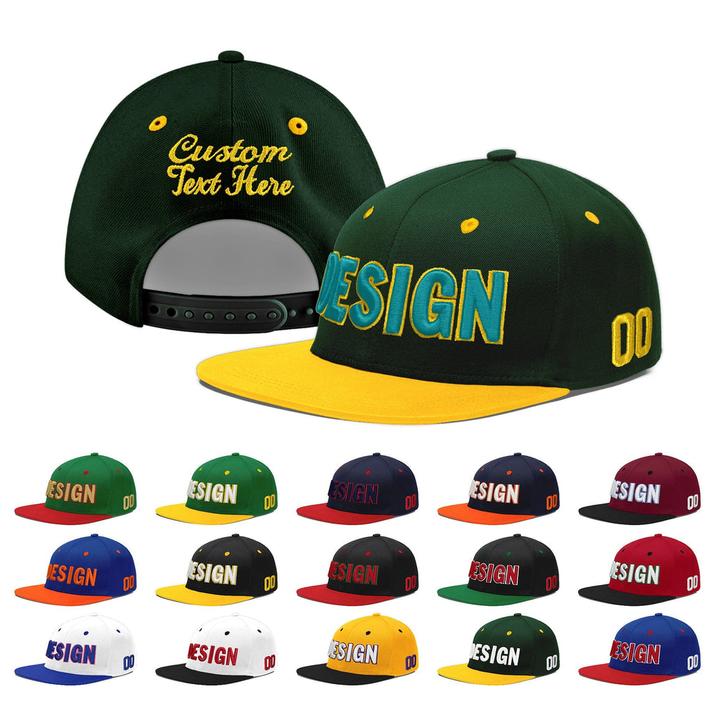 Custom Green Gold 3D Puff Embroidery Flat Embroidery Casual Sport Baseball Cap