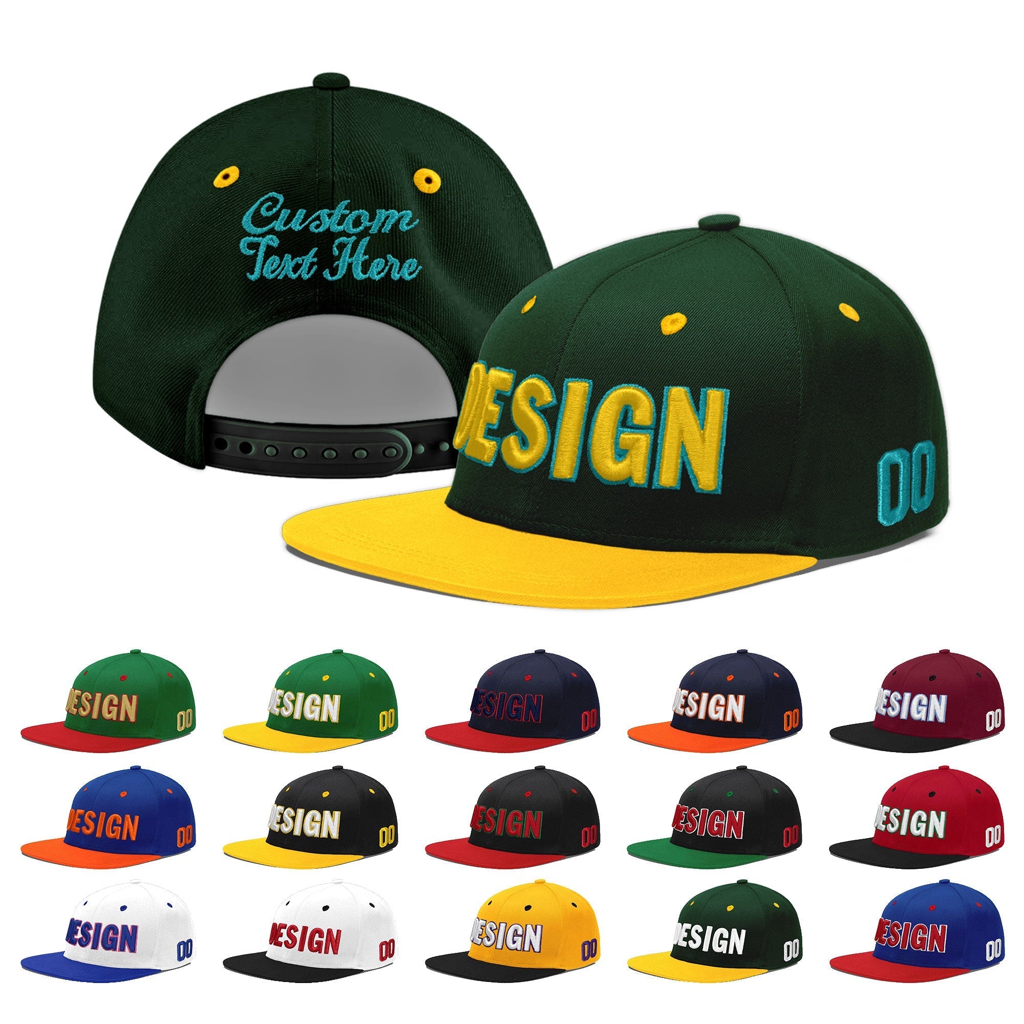 Custom Green Gold 3D Puff Embroidery Flat Embroidery Casual Sport Baseball Cap