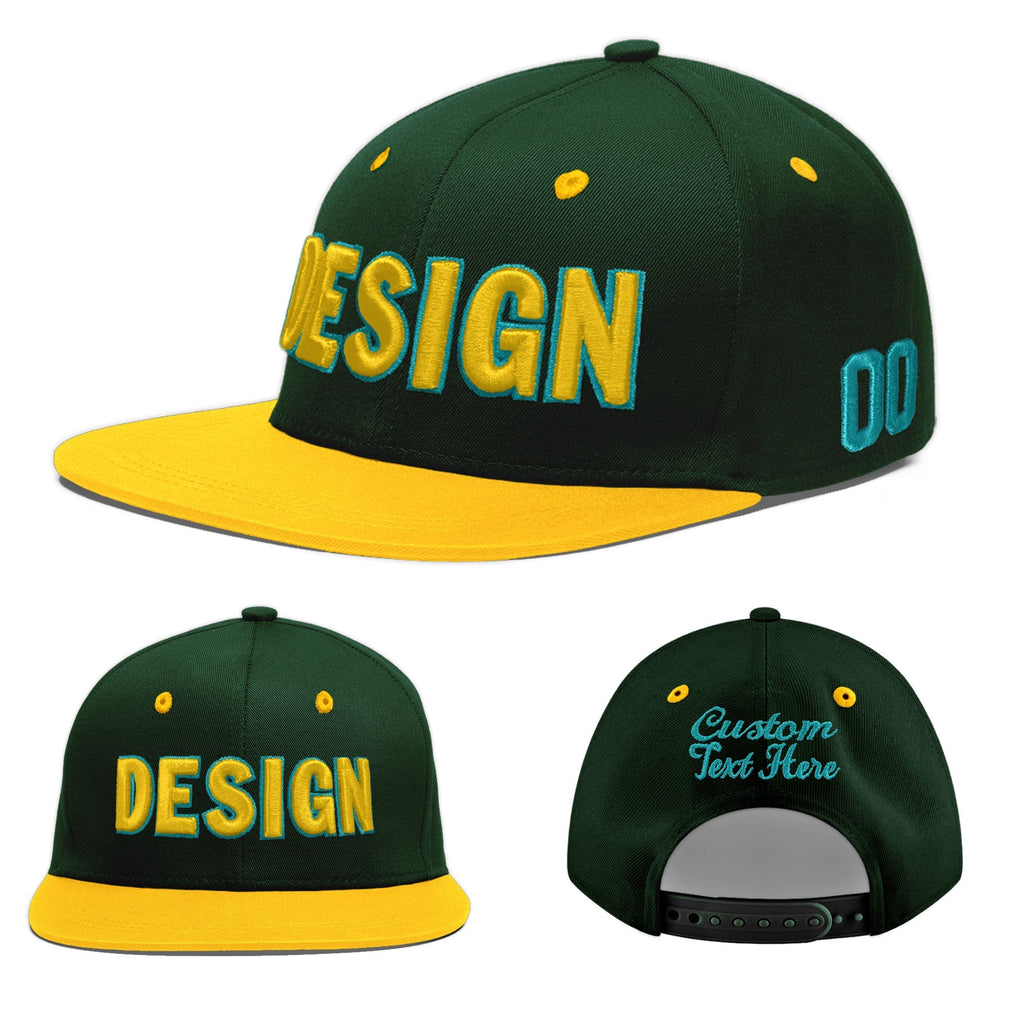 Custom Green Gold 3D Puff Embroidery Flat Embroidery Casual Sport Baseball Cap