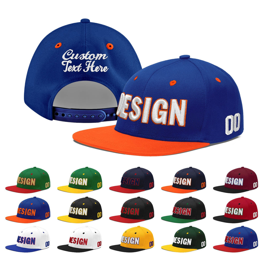Custom Royal Blue Orange 3D Puff Embroidery Flat Embroidery Casual Sport Baseball Cap
