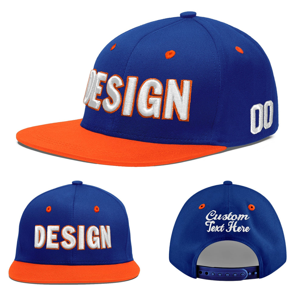 Custom Royal Blue Orange 3D Puff Embroidery Flat Embroidery Casual Sport Baseball Cap