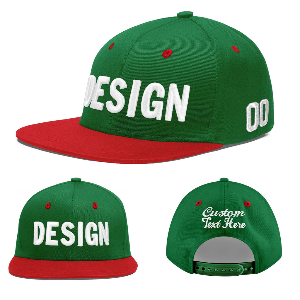 Custom Kelly Green Red 3D Puff Embroidery Flat Embroidery Casual Sport Baseball Cap