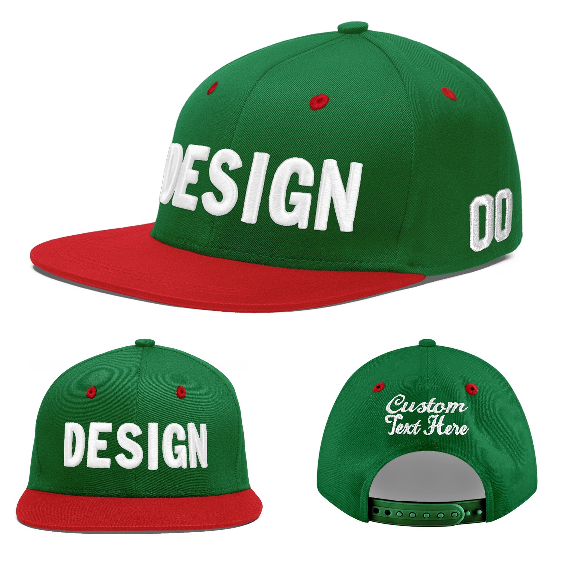 Custom Kelly Green Red 3D Puff Embroidery Flat Embroidery Casual Sport Baseball Cap