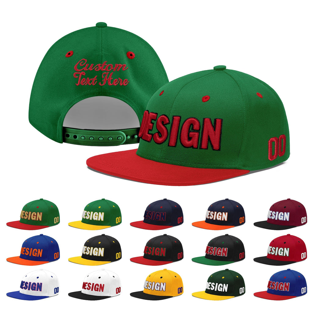 Custom Kelly Green Red 3D Puff Embroidery Flat Embroidery Casual Sport Baseball Cap