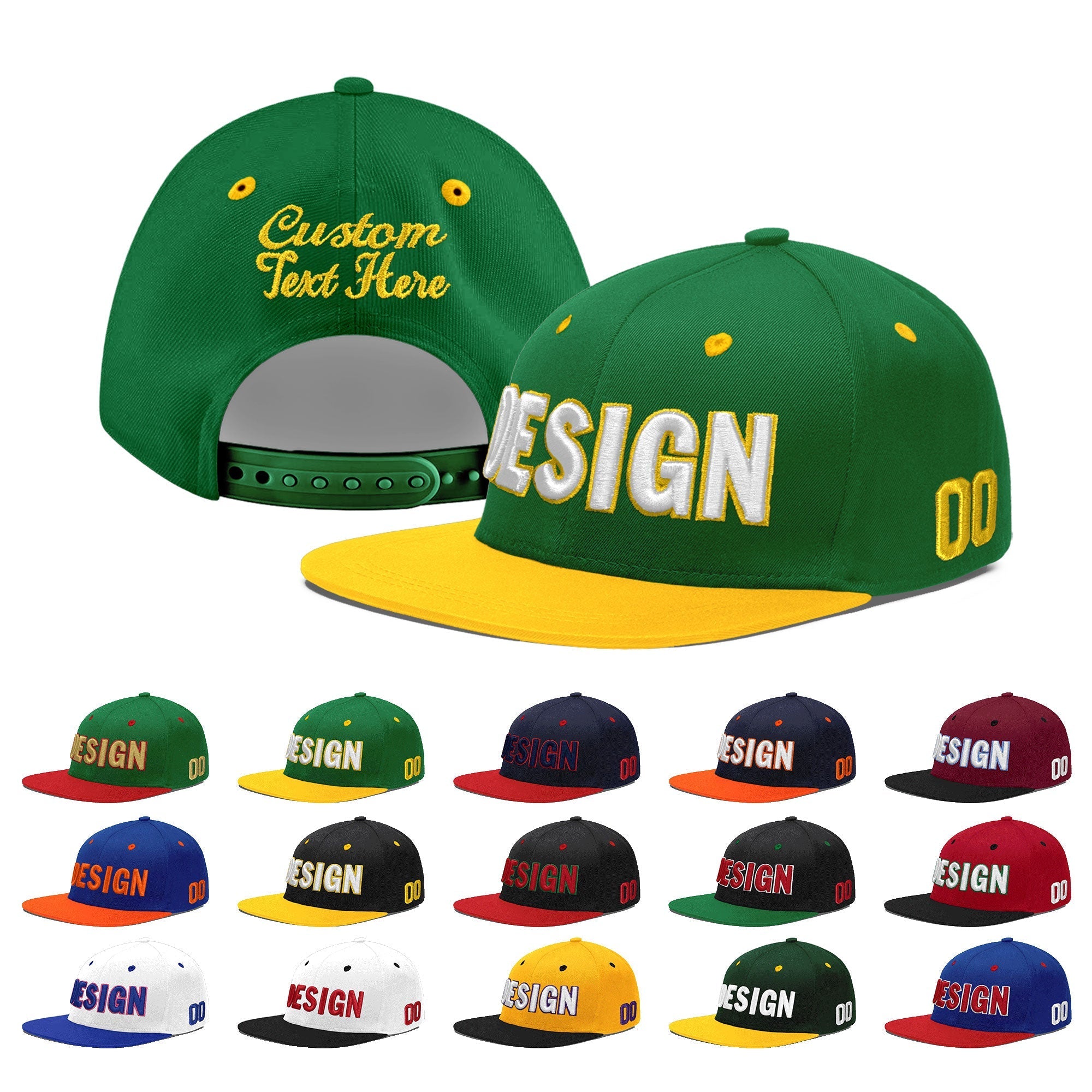 Custom Kelly Green Gold 3D Puff Embroidery Flat Embroidery Casual Sport Baseball Cap