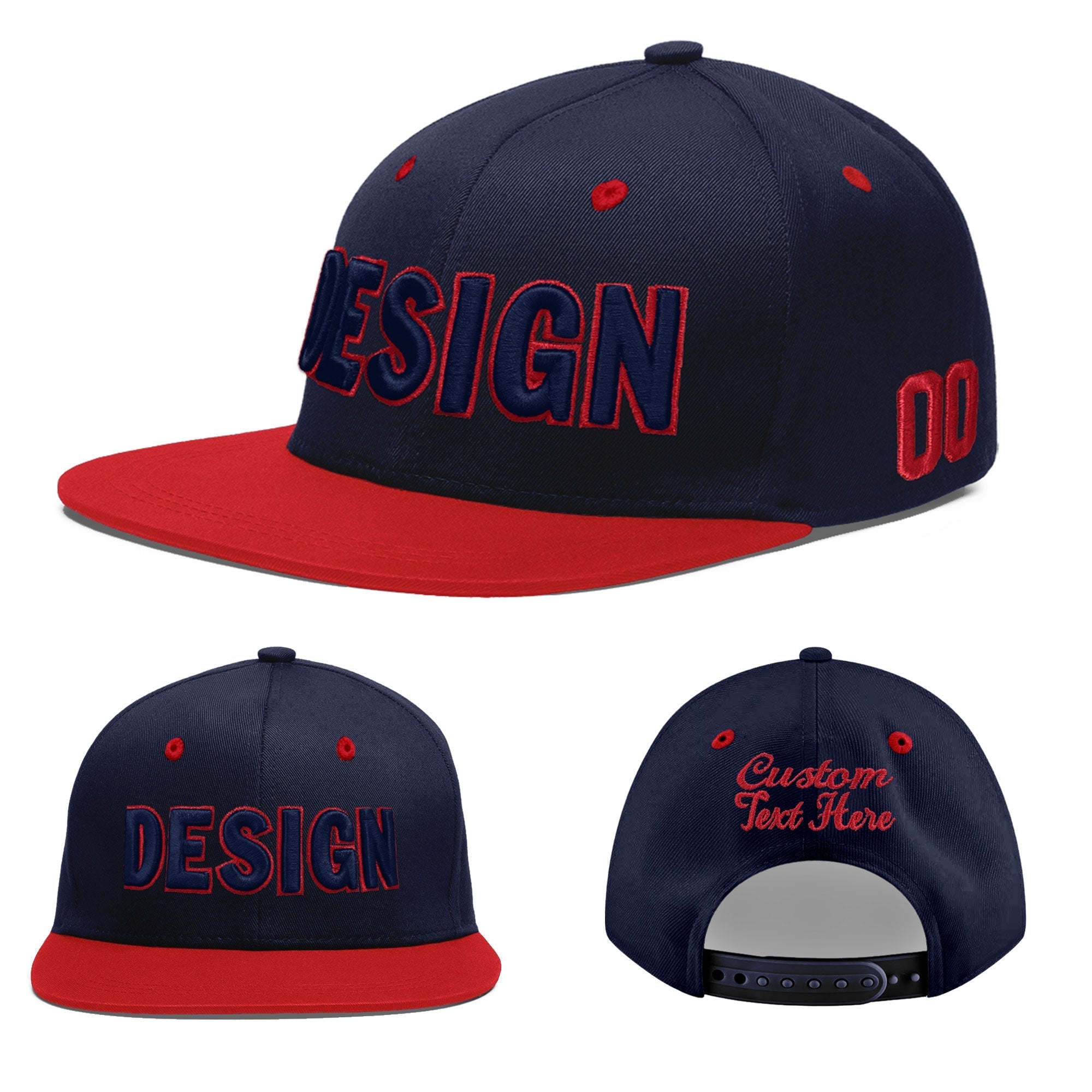 Custom Navy Red 3D Puff Embroidery Flat Embroidery Casual Sport Baseball Cap