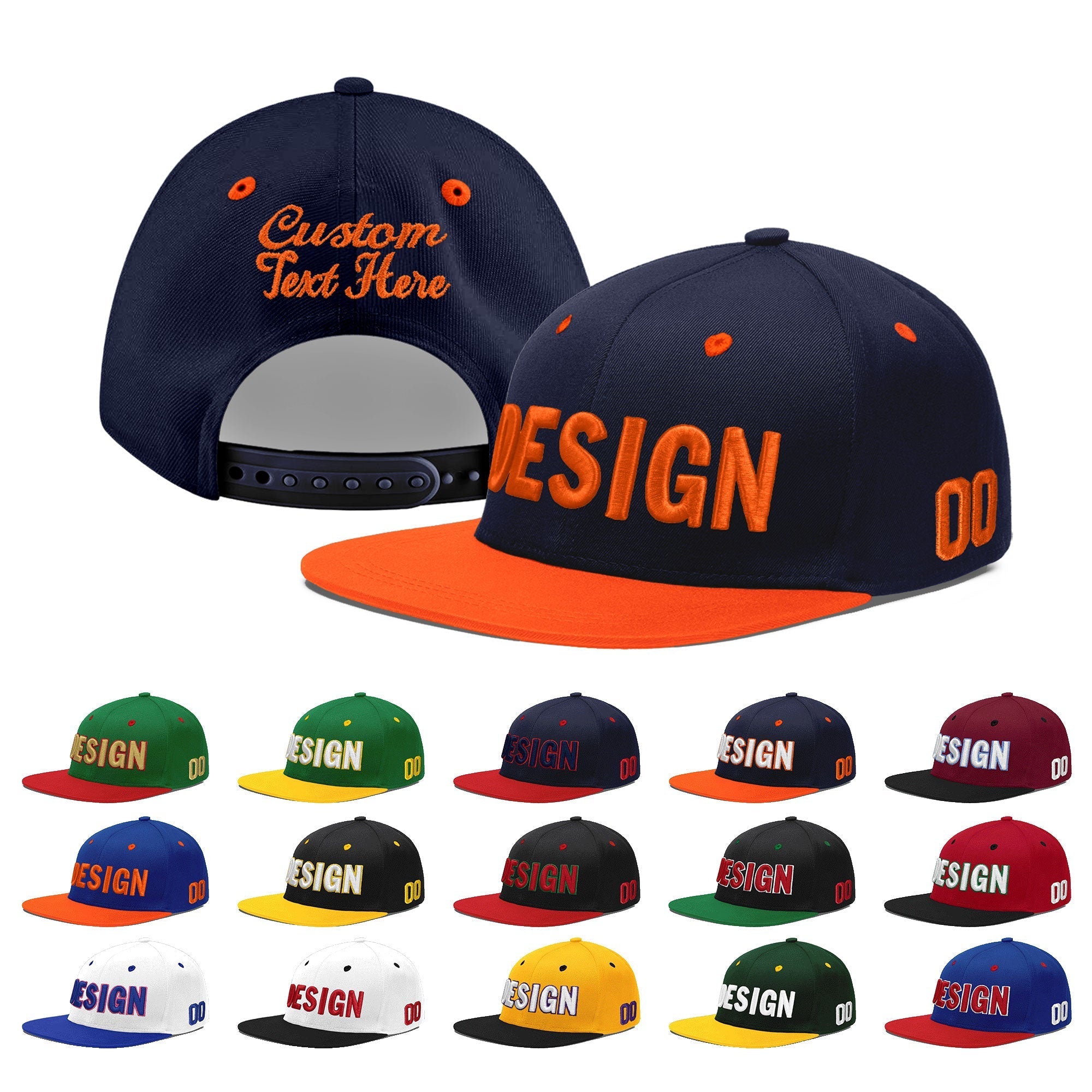 Custom Navy Navy Orange 3D Puff Embroidery Flat Embroidery Casual Sport Baseball Cap