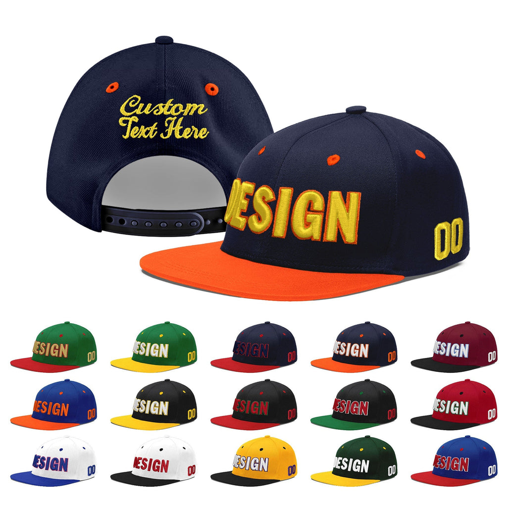 Custom Navy Navy Orange 3D Puff Embroidery Flat Embroidery Casual Sport Baseball Cap