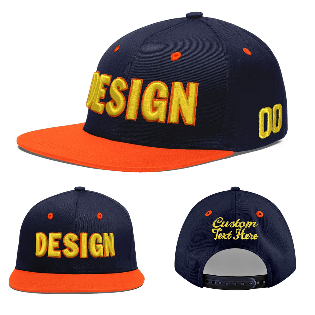 Custom Navy Navy Orange 3D Puff Embroidery Flat Embroidery Casual Sport Baseball Cap