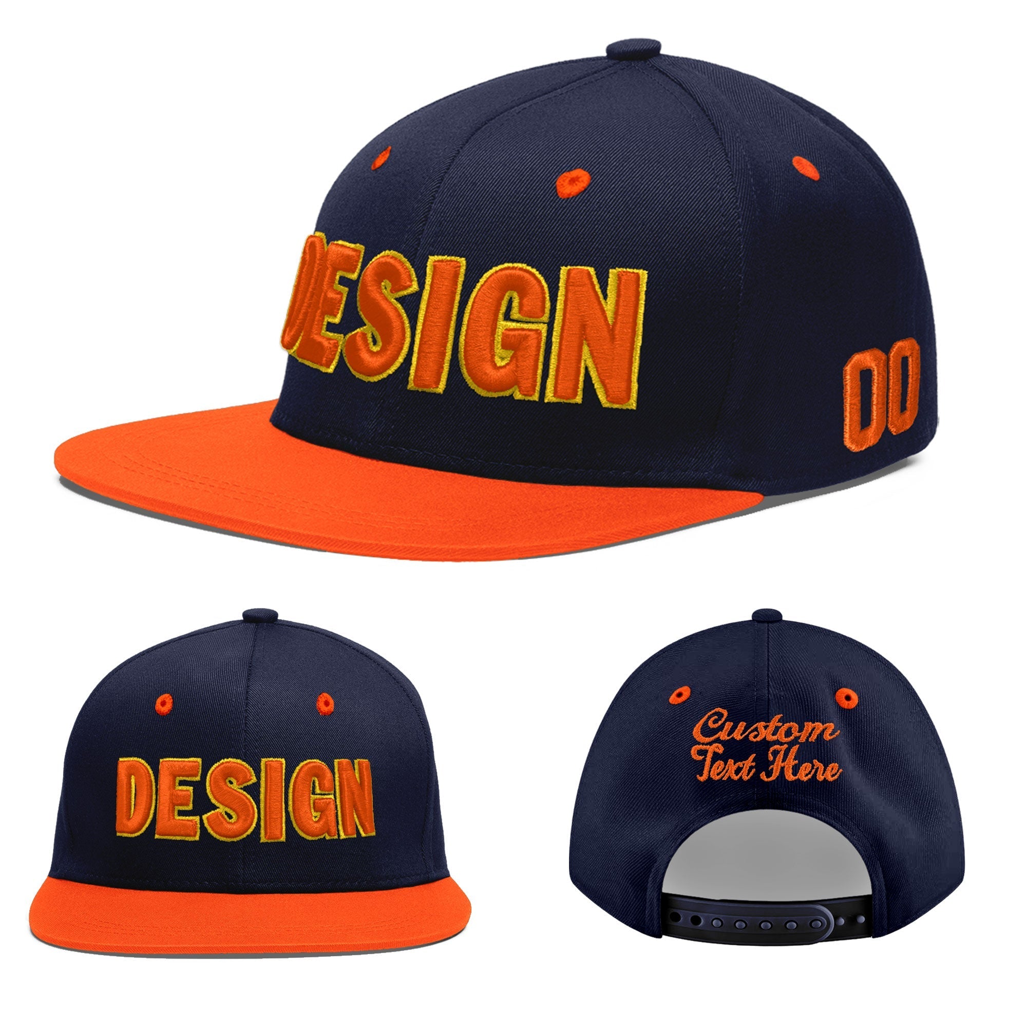 Custom Navy Navy Orange 3D Puff Embroidery Flat Embroidery Casual Sport Baseball Cap