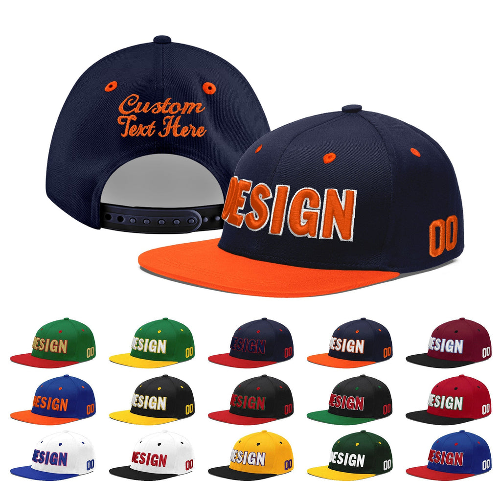 Custom Navy Navy Orange 3D Puff Embroidery Flat Embroidery Casual Sport Baseball Cap