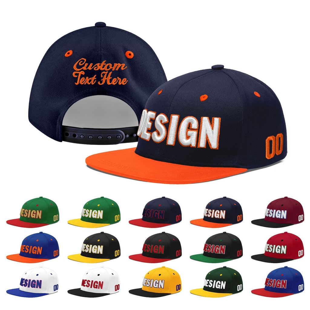 Custom Navy Navy Orange 3D Puff Embroidery Flat Embroidery Casual Sport Baseball Cap
