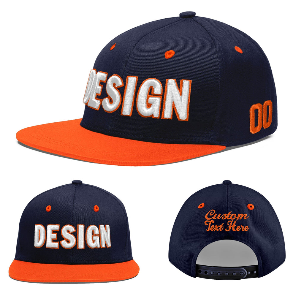 Custom Navy Navy Orange 3D Puff Embroidery Flat Embroidery Casual Sport Baseball Cap