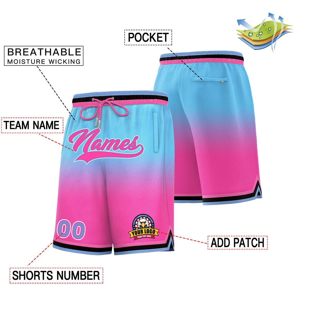 Custom Blue Pink Personalized Gradient Fashion Basketball Shorts Secondary image