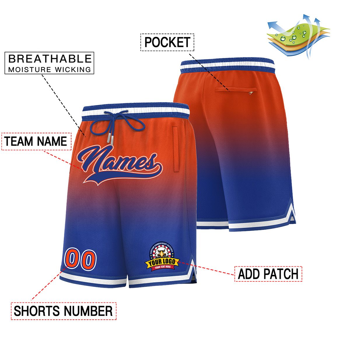 Custom Orange Royal Personalized Gradient Fashion Basketball Shorts Secondary image
