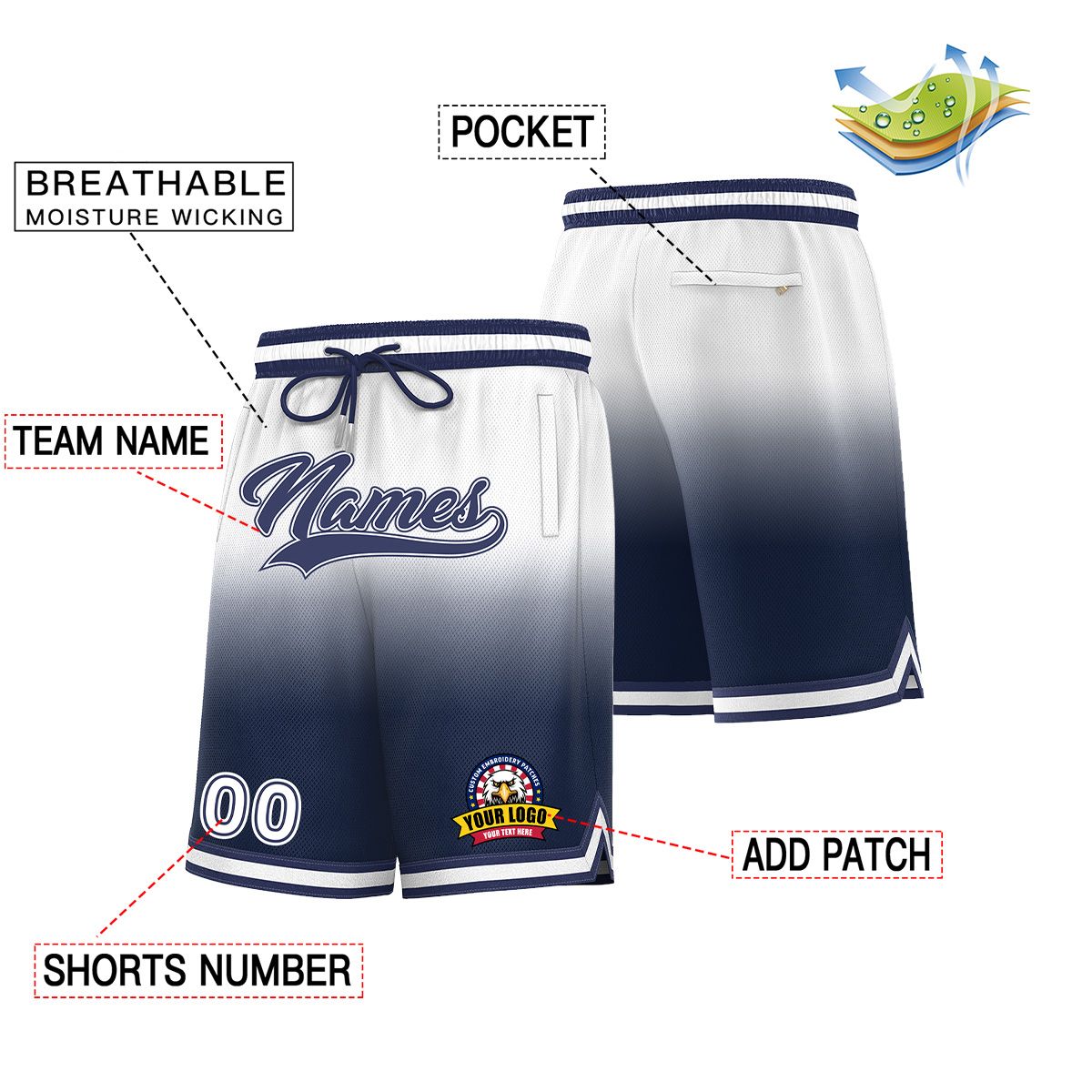 Custom White Navy Personalized Gradient Fashion Basketball Shorts Secondary image