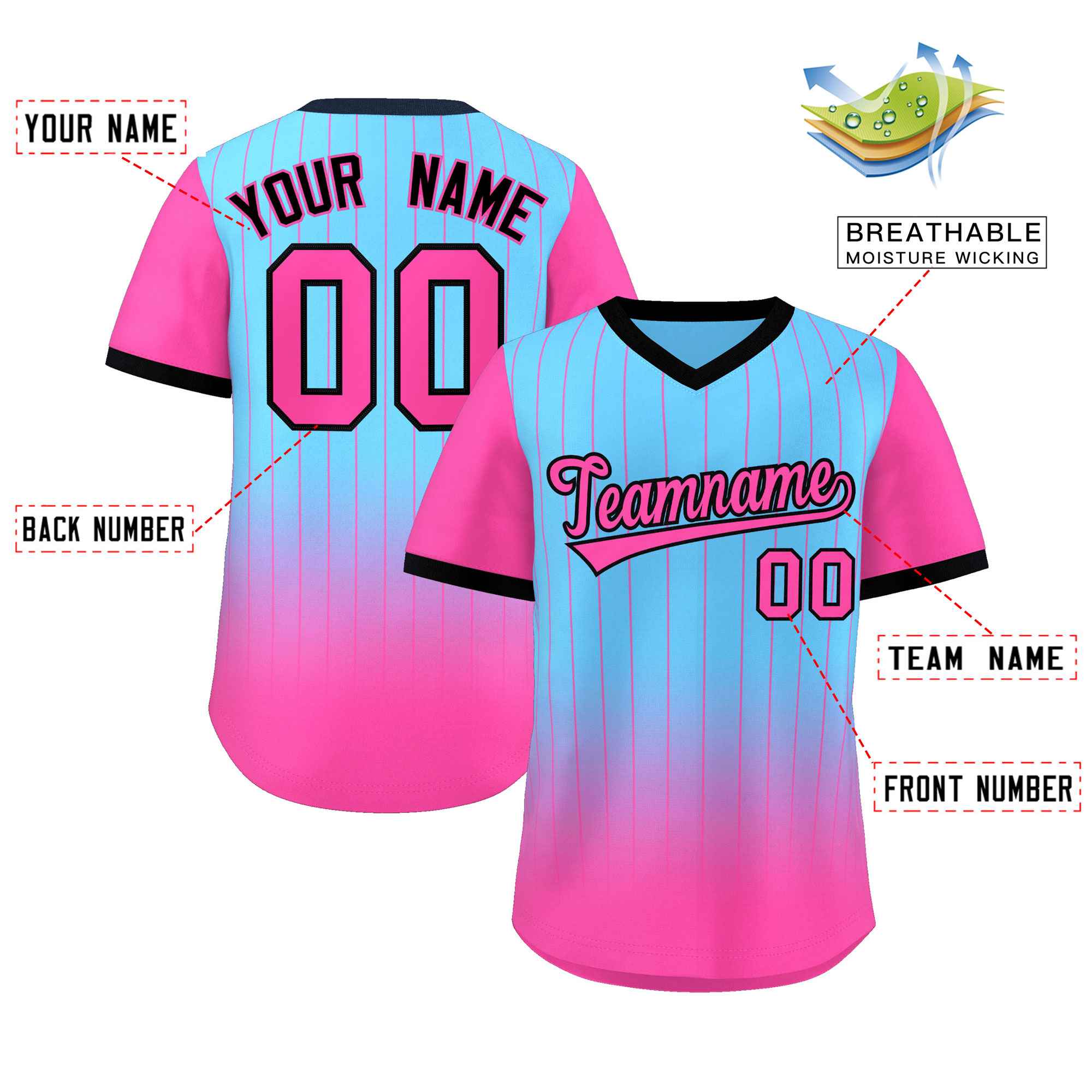 Custom Light Blue Pink-Black Gradient Fashion Authentic Pullover Pinstripe Baseball Jersey Secondary image