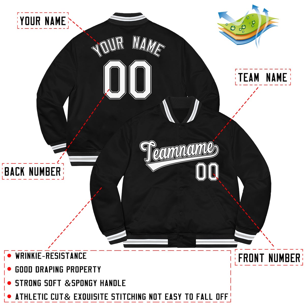 Custom Black White-Gray Letterman Solider Classic Style Varsity Full-Snap Jacket Secondary image