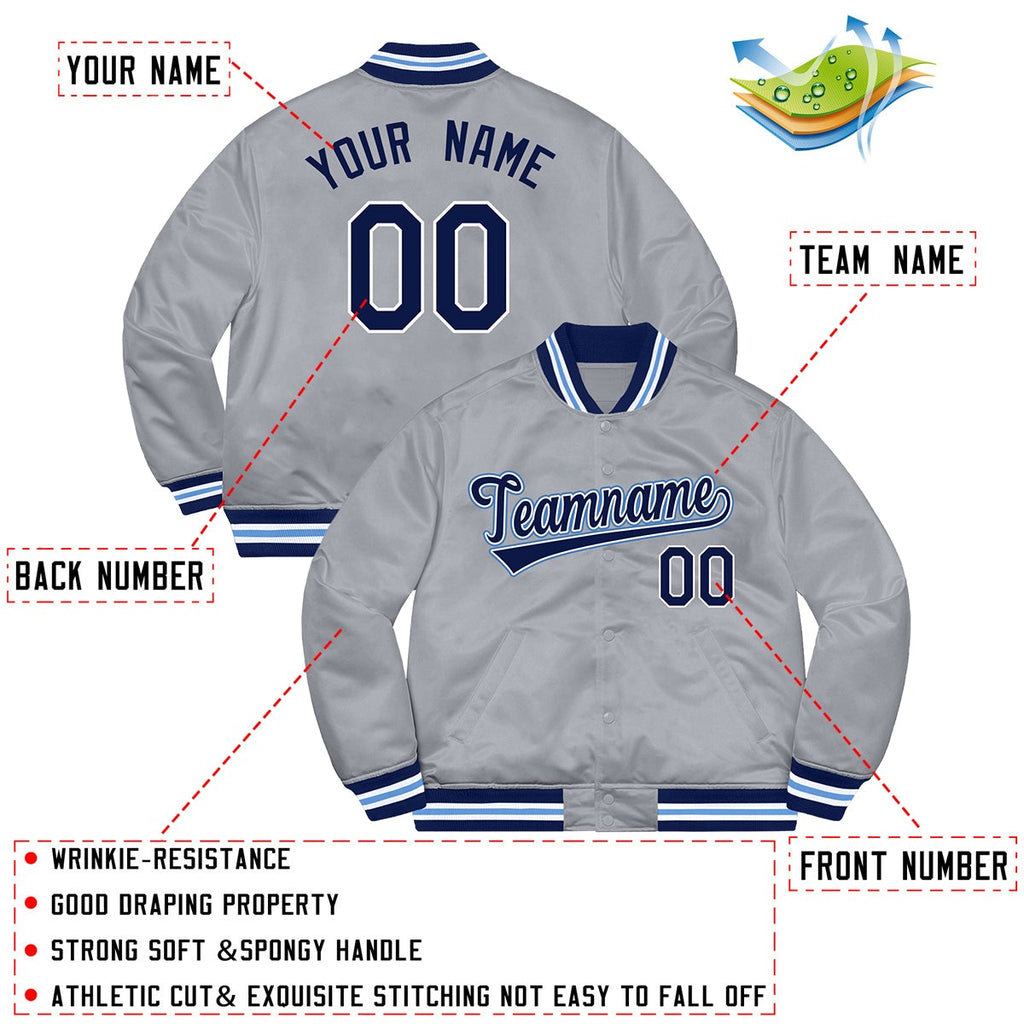Custom Gray Navy-Light Blue Letterman Solider Classic Style Varsity Full-Snap Jacket