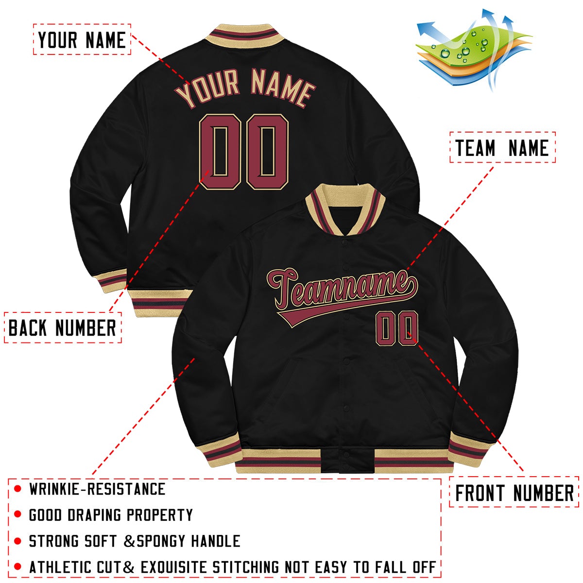 Custom Black Red-Khaki Letterman Solider Classic Style Varsity Full-Snap Jacket Secondary image
