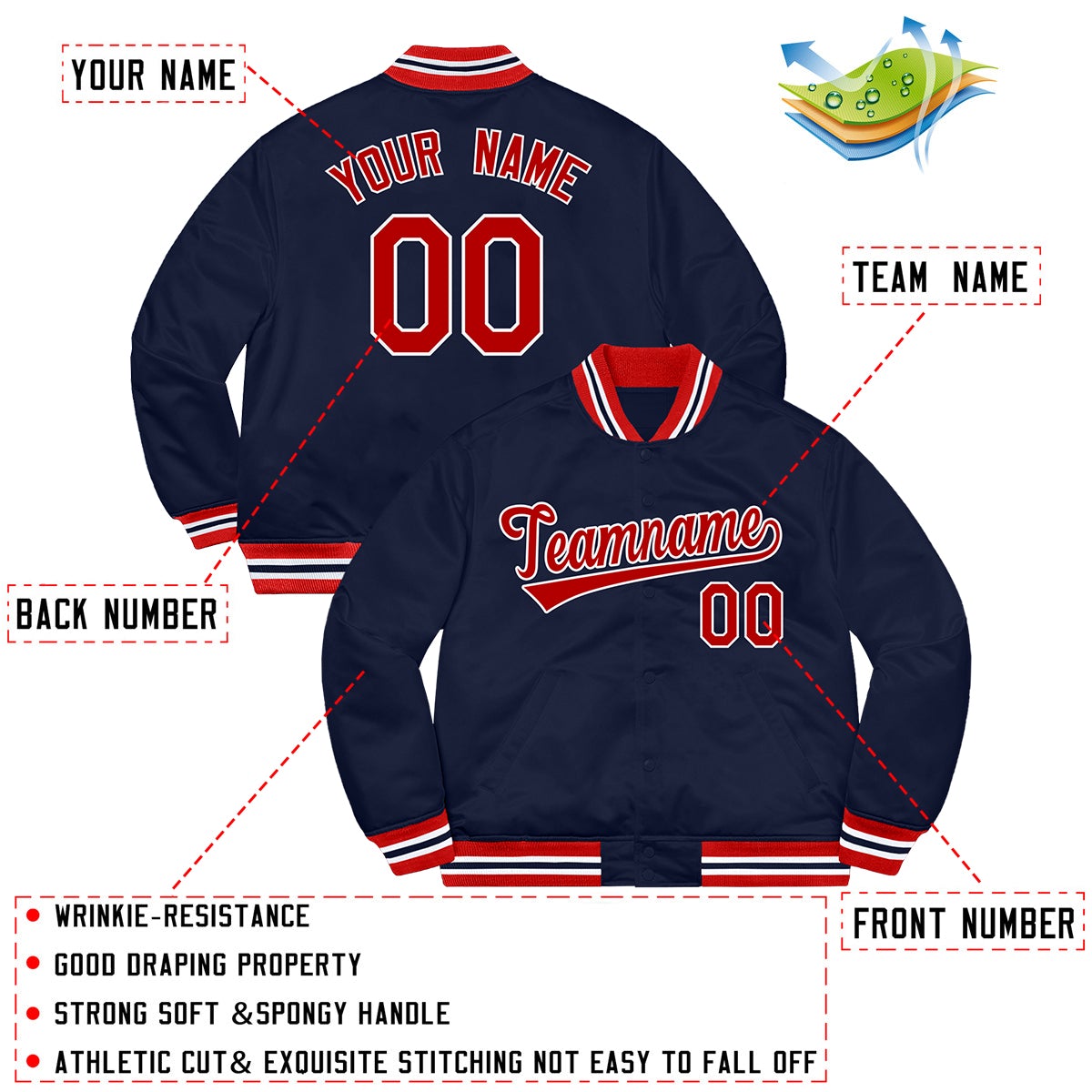 Custom Navy Red-White Letterman Solider Classic Style Varsity Full-Snap Jacket Secondary image
