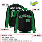 Custom Black Kelly Green Varsity Full-Snap Color Block Personalized Raglan Sleeves Letterman Jacket