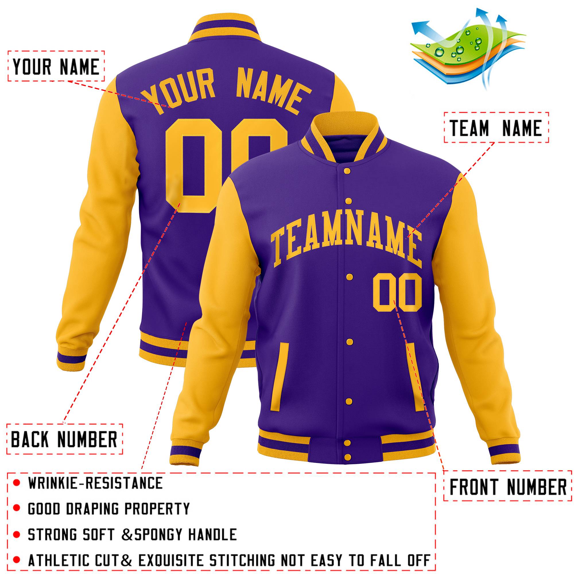 Custom Purple Gold Full-Snap Varsity Raglan Sleeves Letterman Baseball Jacket