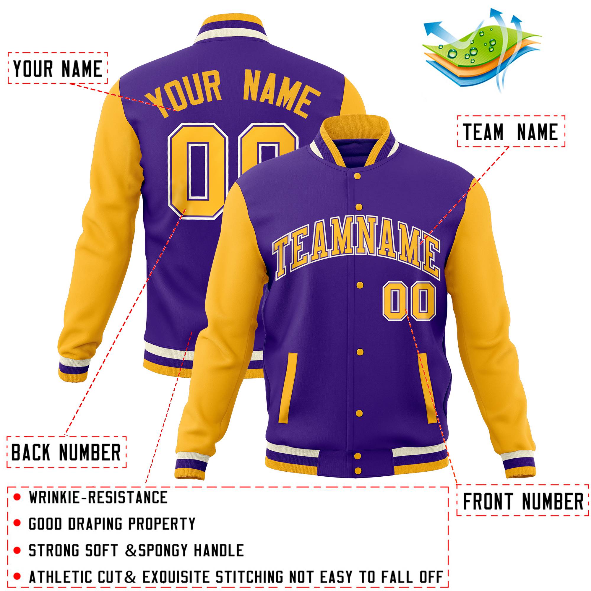 Custom Purple Gold Full-Snap Varsity Raglan Sleeves Letterman Baseball Jacket