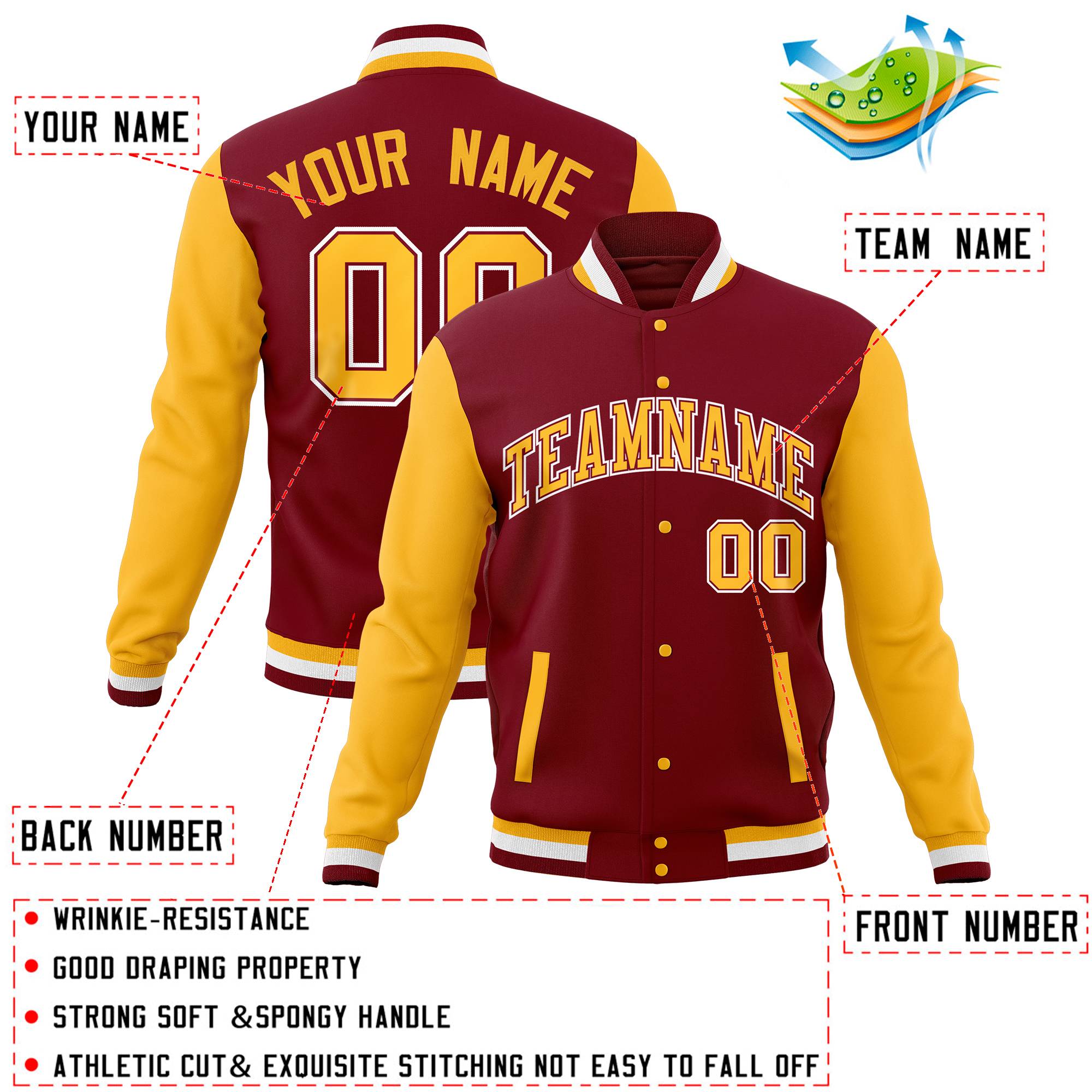 Custom Crimson Gold Full-Snap Varsity Raglan Sleeves Letterman Baseball Jacket