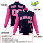 Custom Navy Pink Full-Snap Varsity Raglan Sleeves Letterman Baseball Jacket