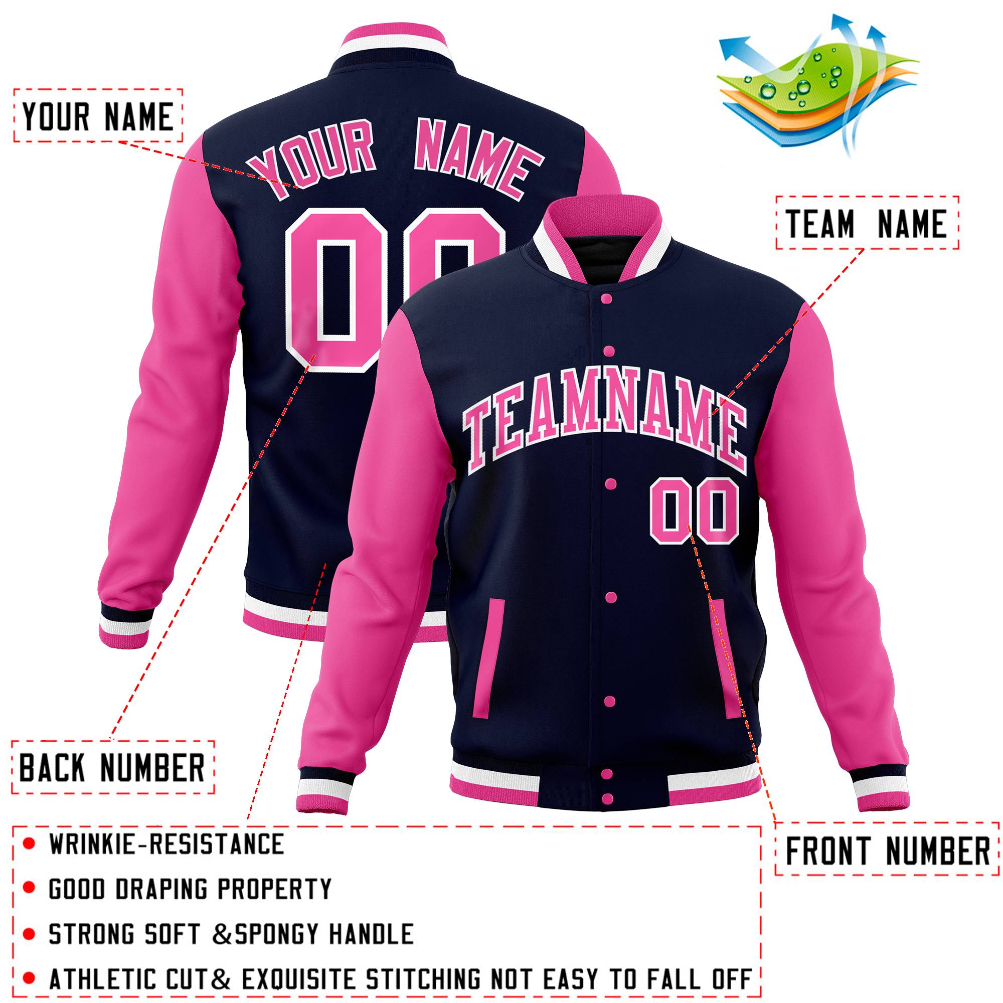 Custom Navy Pink Full-Snap Varsity Raglan Sleeves Letterman Baseball Jacket