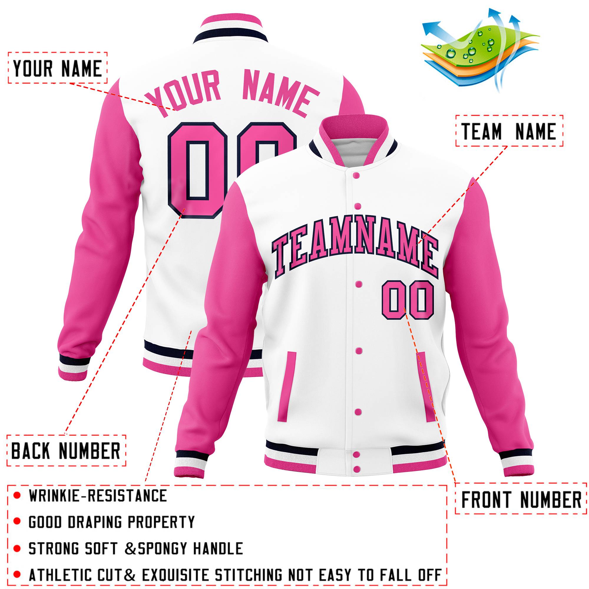 Custom White Pink Full-Snap Varsity Raglan Sleeves Letterman Baseball Jacket