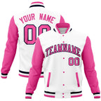 Custom White Pink Full-Snap Varsity Raglan Sleeves Letterman Baseball Jacket
